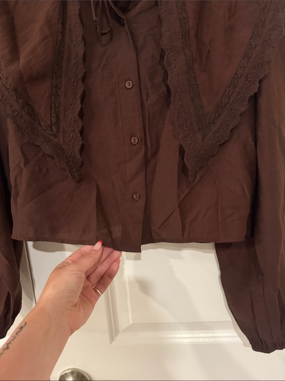 Zara Flowy Brown Lace-Trim Peter Pan Button-Down Blouse size S - Picture 7 of 9